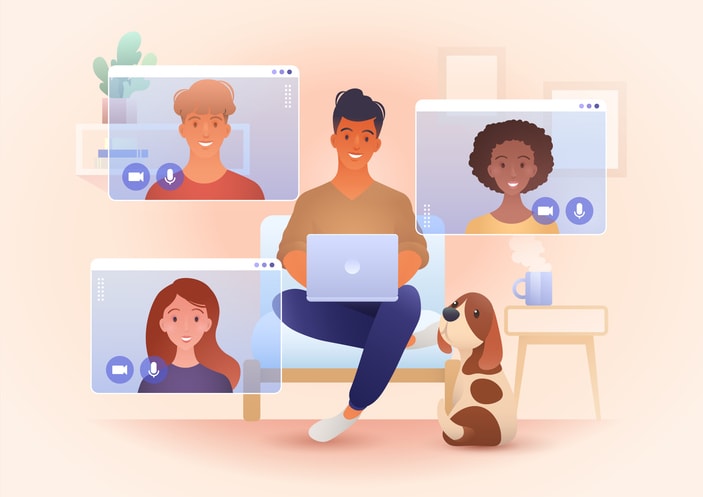 A group for young smile people video call in their own living rooms
