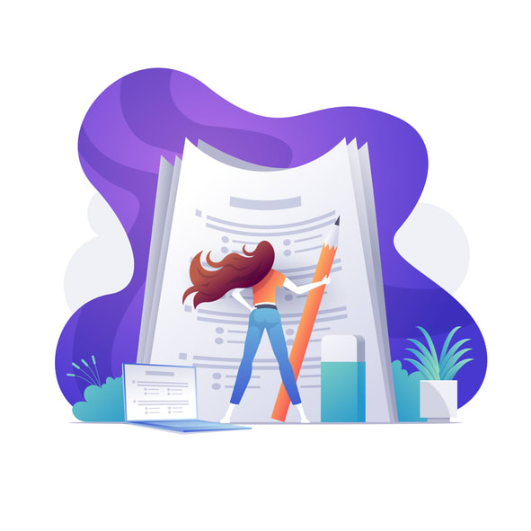 A self confident woman standing on big papers stock illustration