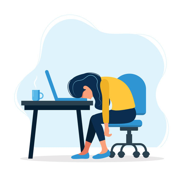 Burnout concept illustration with exhausted female office worker sitting at the table.