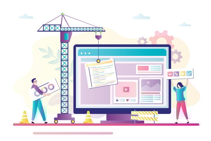 Business people and crane building web page