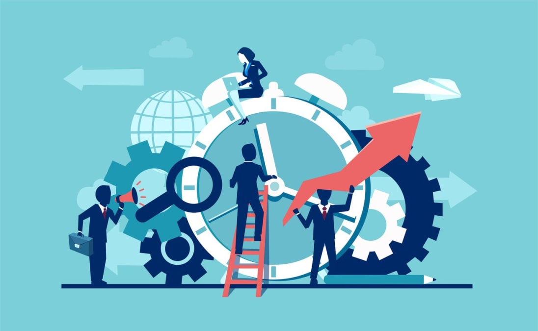 business people company team working around alarm clock rings on blue background