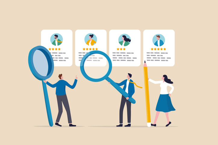 business people HR with magnifier to choose choose candidate resume