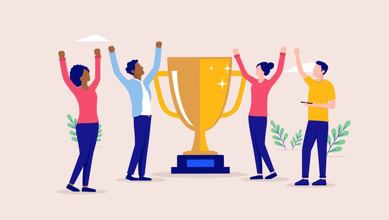Business people winners with trophy cup stock illustration