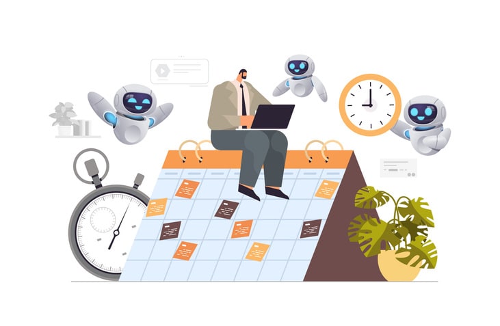Businessman with robots helpers planning day scheduling appointment agenda meeting plan time management stock illustration