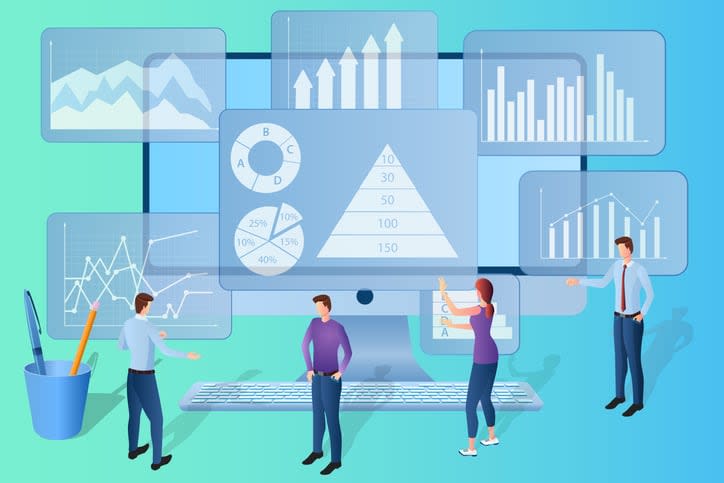 Businessmen analyze data on a personal computer stock illustration