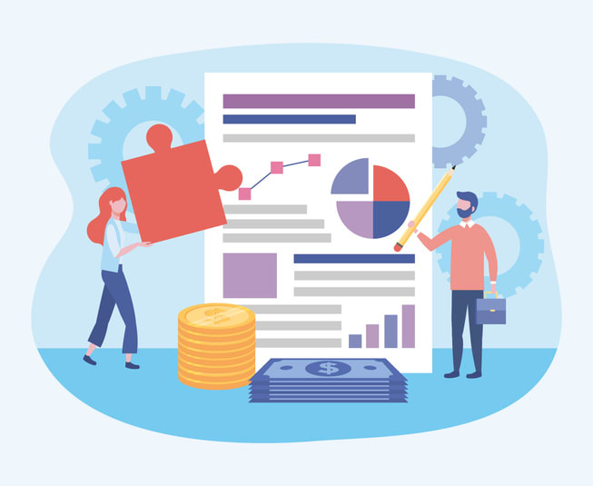 Businesswoman and businessman with diagram document and puzzle stock illustration