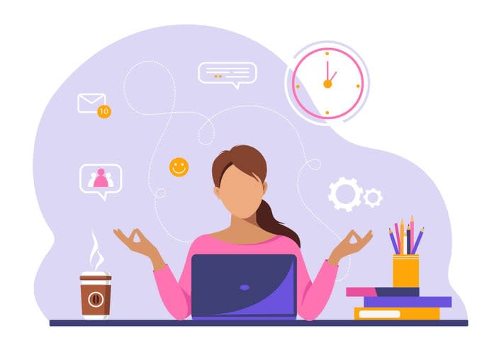 Calm young woman relaxing meditating with laptop