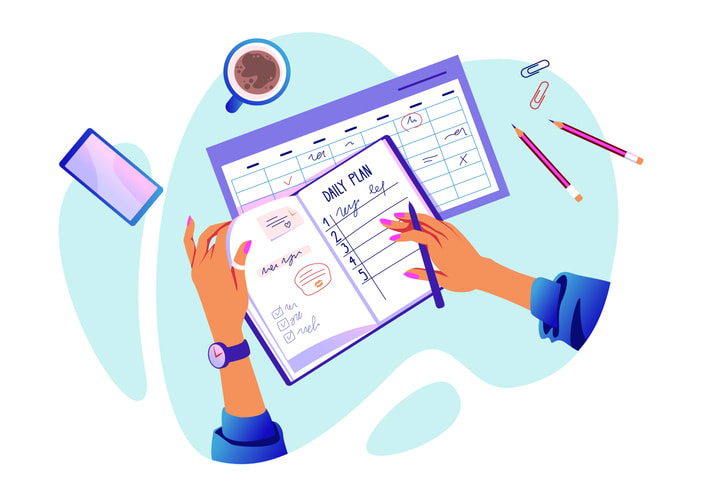 Cartoon concept with arms holding organizer and writing check marks