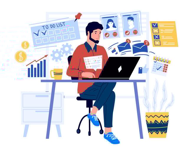 Cartoon man sitting and working on laptop