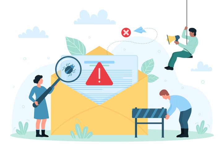 Cartoon tiny people put up spam barrier