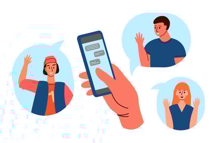 Cellphone screen with friends talking by interne