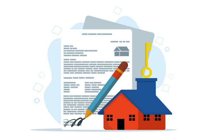 Concept of buying a house or property, beautiful house with mortgage application form, loan form. house agreement in real estate agent concept