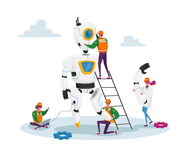 Engineers Scientists Tiny Characters Making Programming Huge Robot in Science Laboratory