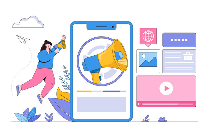Flat social media marketing with a large megaphone on the screen concept