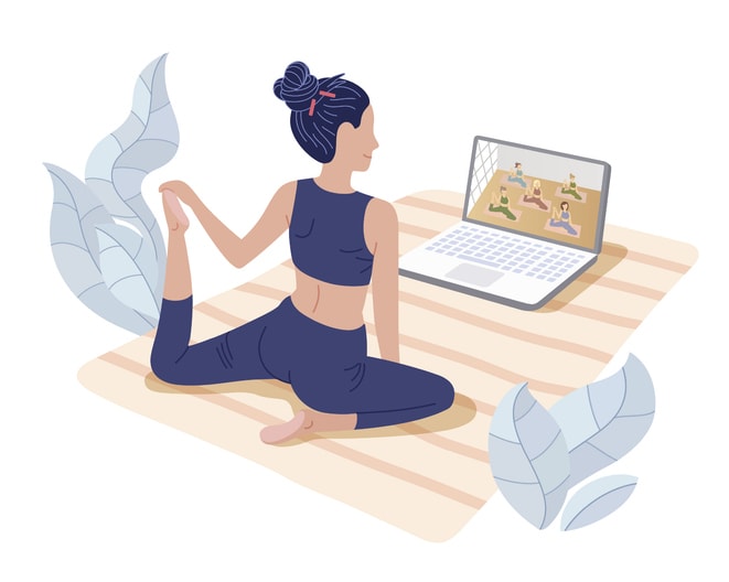Girl watching online sport tutorials on a laptop and working out at home