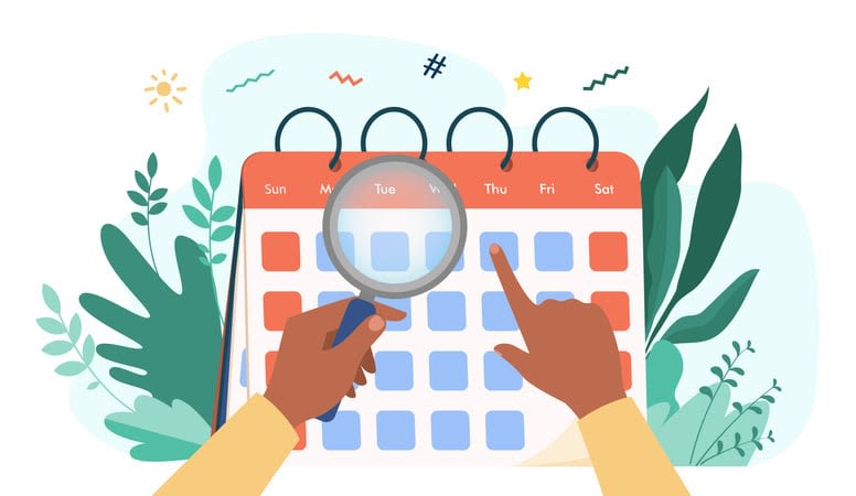 Hands with magnifier checking calendar stock illustration