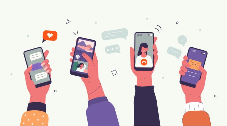 Hands with smartphones stock illustration