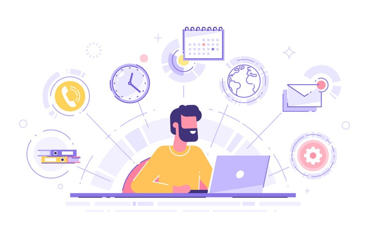 Happy business man with multitasking skills sitting at his laptop with office icons on a background