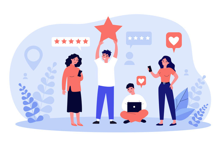 Happy customers giving feedback to service or online store stock illustration