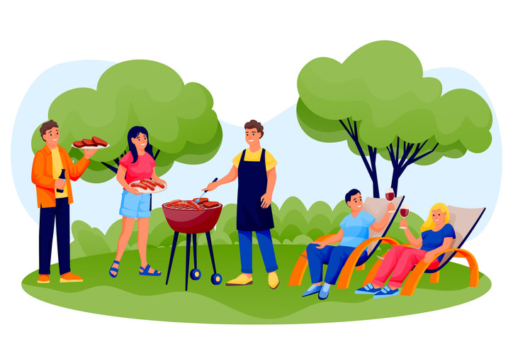 Happy friends cooking grill meat and sausages on summer picnic