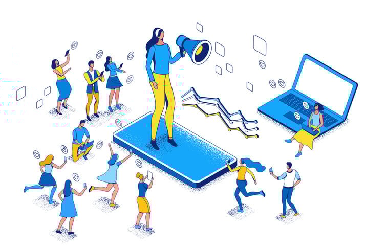 Influencer standing with megaphone and refer a friend to affiliate program