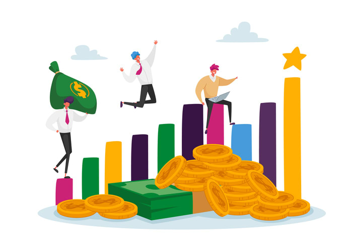 Joyful Business Men Characters at Huge Growing Column Graph with Money