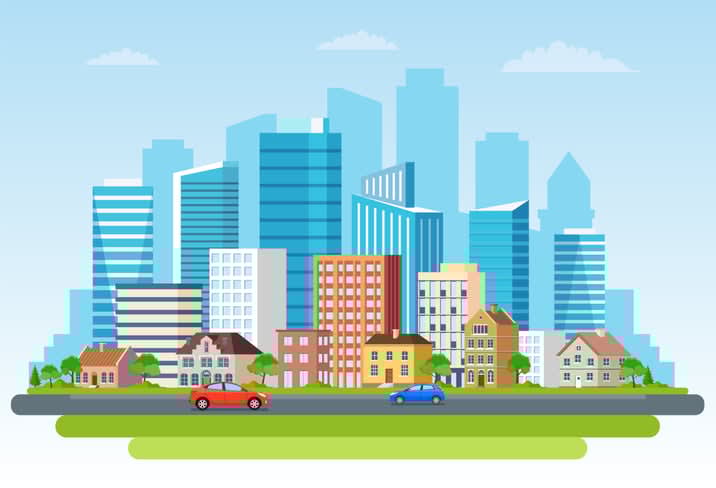 Landscape with buildings, mountains stock illustration