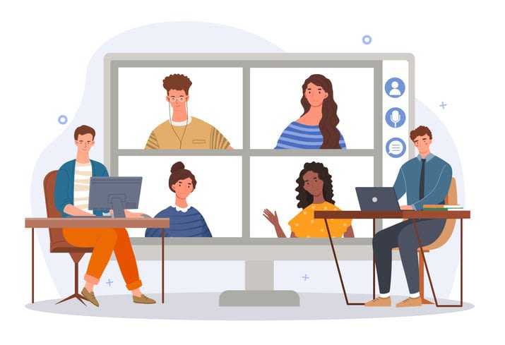 Male and female characters are having online business conference stock illustration