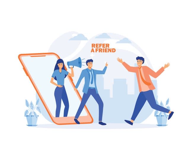 Man and Women get out of the smart phone with megaphones to Business partnership strategy