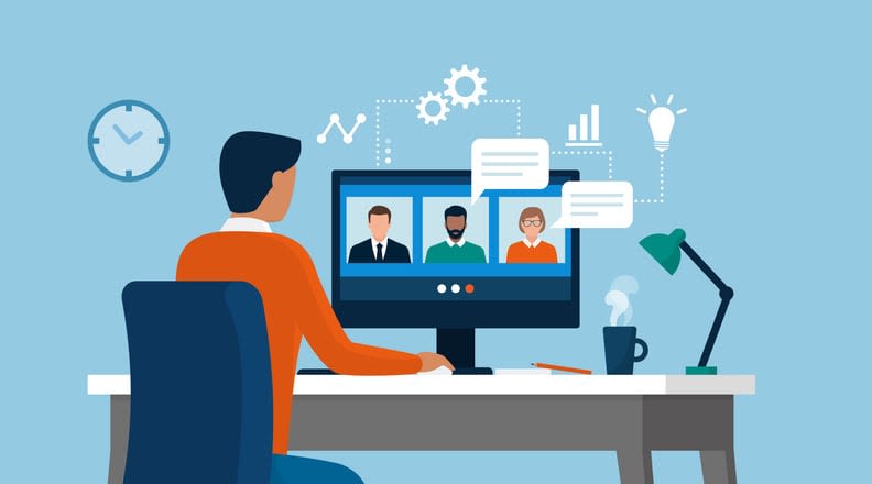 Man having a conference call with his business team online stock illustration