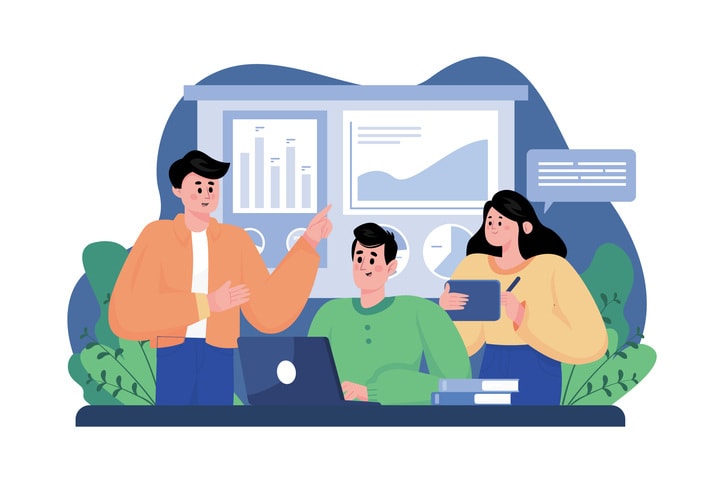 Marketing Team Discussing Marketing Strategy Illustration stock illustration