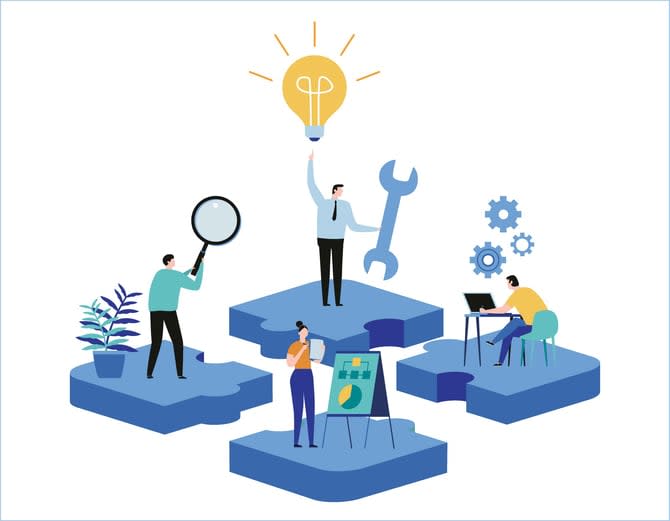 Miniature people team working flat cartoon design for web mobile