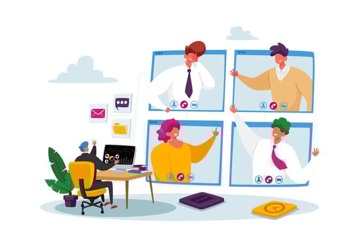 Office Employees Speak on Video Call with Remote Colleagues on Online Meeting