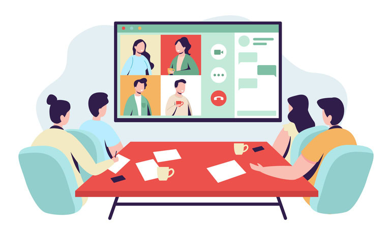 Office workers at the video conference with coffee