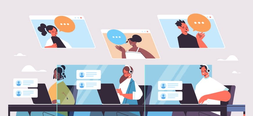 Operators with headset chatting with clients call center agents working in office customer support service stock illustration
