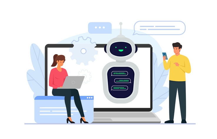 People characters chatting with chat bot in smartphone and laptop