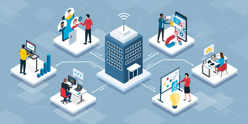 People connecting online and working remotely stock illustration
