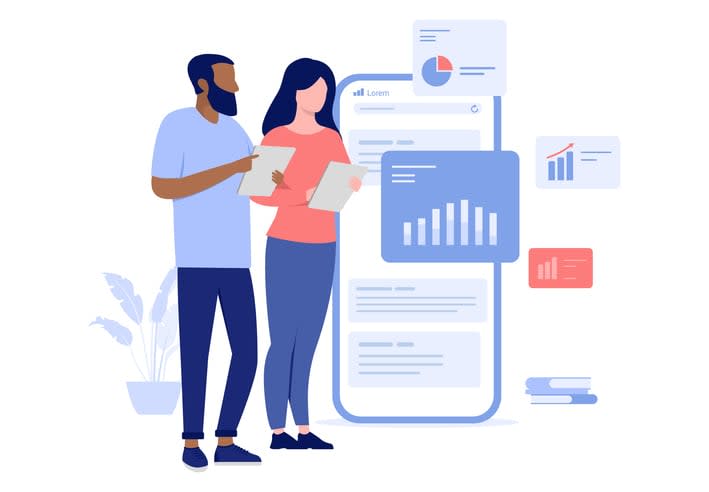 People looking at business chart stock illustration