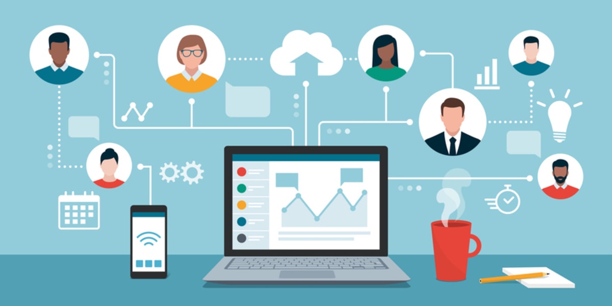 Remote working and virtual business team stock illustration