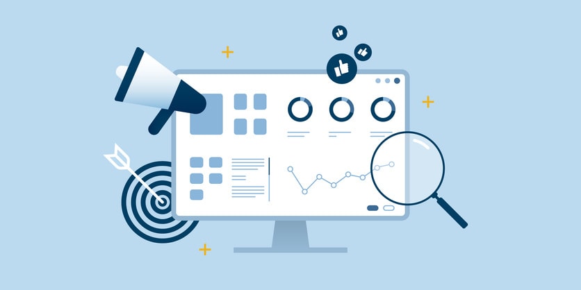 SEO analytics optimization desktop dashboard blue flat design