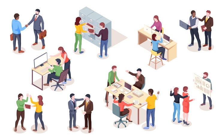 Set of isometric view businessman and businesswoman making deal and presentation