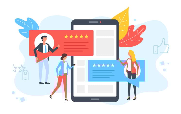 Smartphone, mobile phone with testimonials on screen