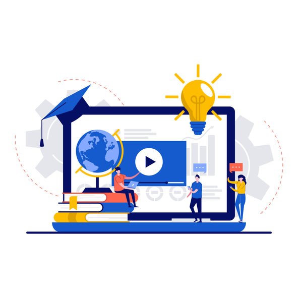 Students e-learning by listening to businessman with charts on laptop