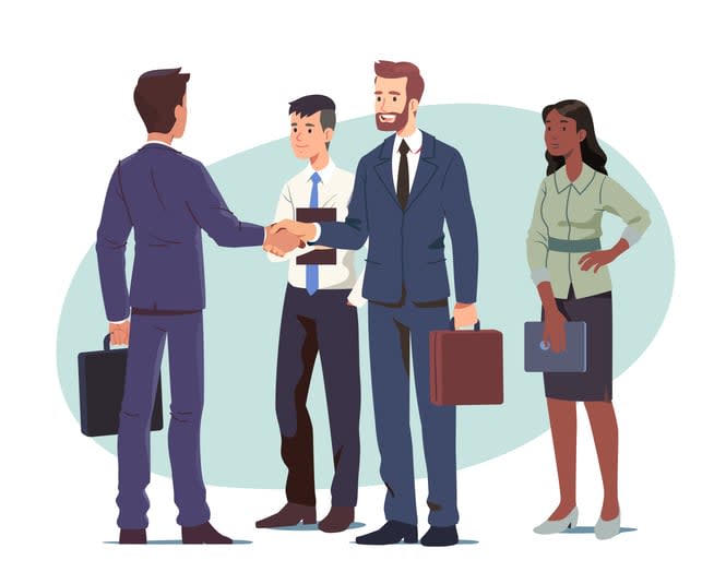 Successful businesspeople partners closing deal standing with colleagues team