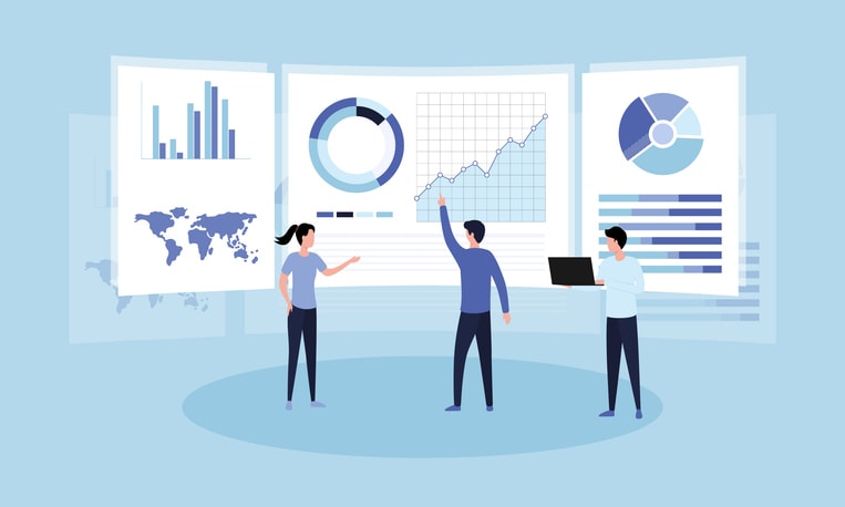 Teamwork of business analysts on holographic charts