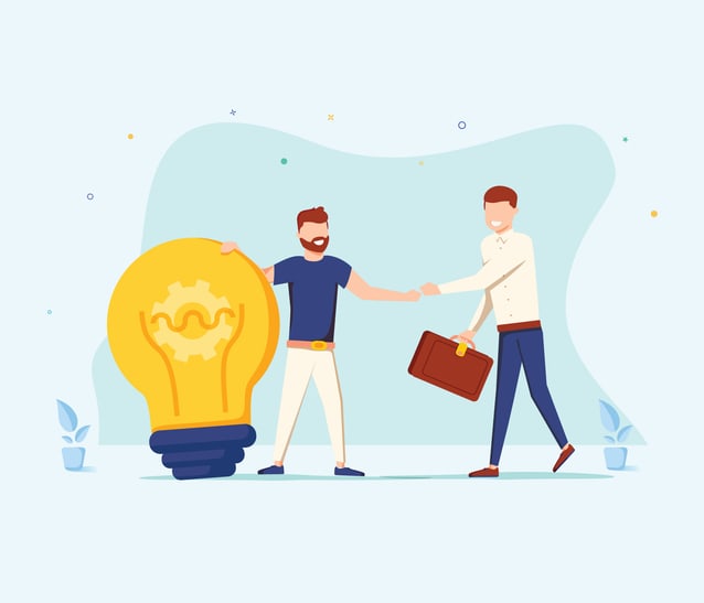 The man is holding a huge light bulb and shaking hands with a businessman with briefcase