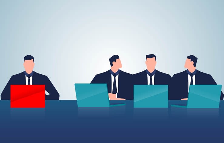 three businessmen discussing work isolating another businessman