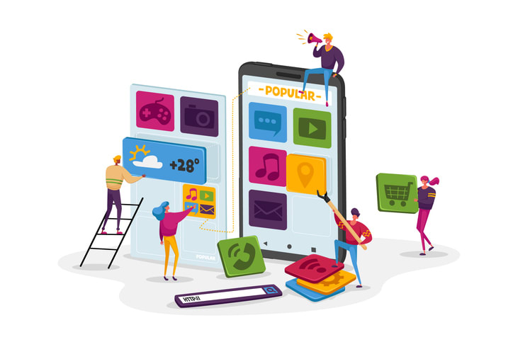 Tiny Characters Team Work at Huge Smartphone Put App Icons on Screen