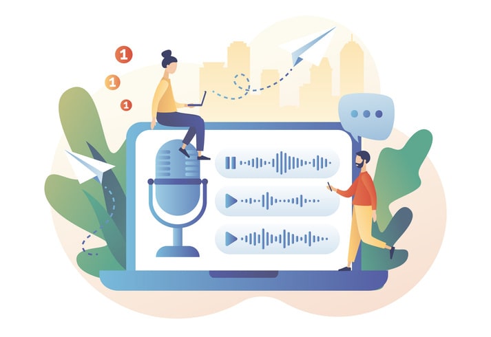 Tiny people use microphone in laptop to record message or to voice assistant