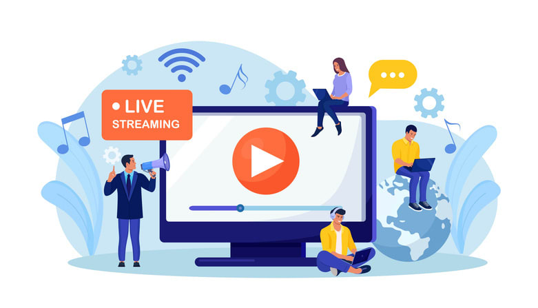 Tiny people watch live stream in social networks and sharing online video